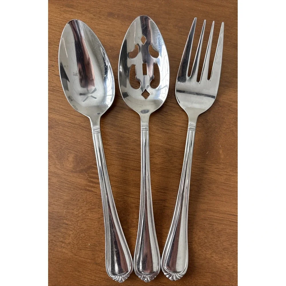 International Nouveau 3 Piece Serving Set Stainless Steel Spoons Fork 9in